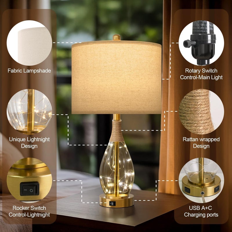 OYEARS 23" Table Lamps for Living Room Set of 2 Bedside Lamps for Night Stands Bedroom Lamps Farmhouse Rattan Boho Lamp Glass Nightlight End Table Lamp with USB C+A (Gold),Two Light Points - Image 4